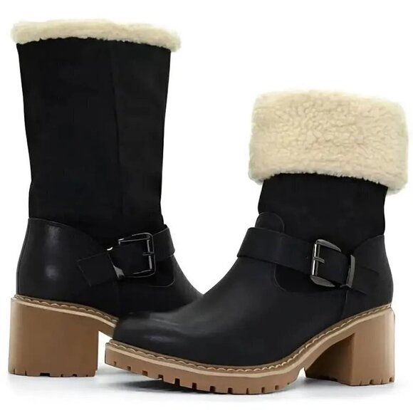 Women's Chunky Heel Boots, Fashion Buckle Strap Detailed Plush Lined Boots, Comf - Picture 3 of 9